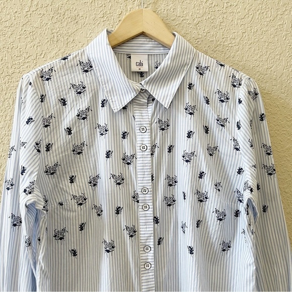 Cabi Whitney Shirt Top Button Stripe Floral Ruffle Casual Chic Blue Medium - Picture 5 of 14
